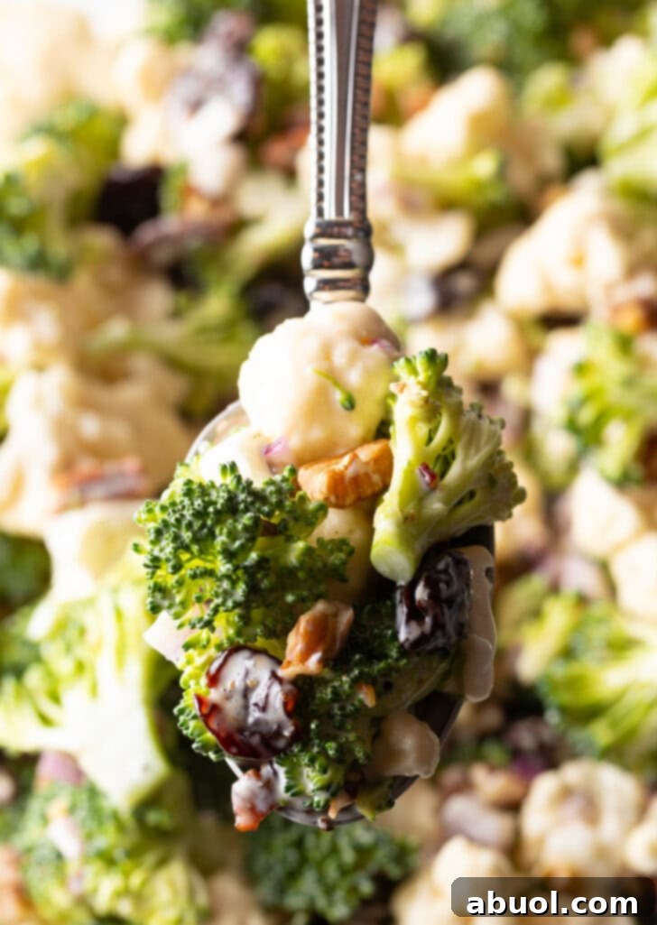 A serving spoon lifting a generous portion of creamy broccoli, cauliflower, pecan, red onion, and cranberry salad directly towards the camera, highlighting its delicious texture.