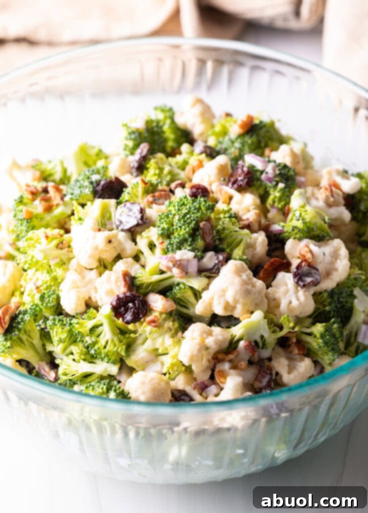 A beautifully tossed bowl of creamy broccoli and cauliflower salad, perfectly coated with dressing and showing off its pecans, red onions, and cranberries, ready for chilling.