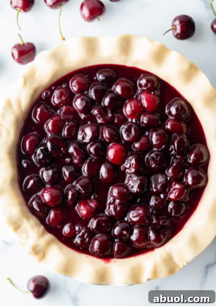 Raw pie bottom filled with cherry pie filling.