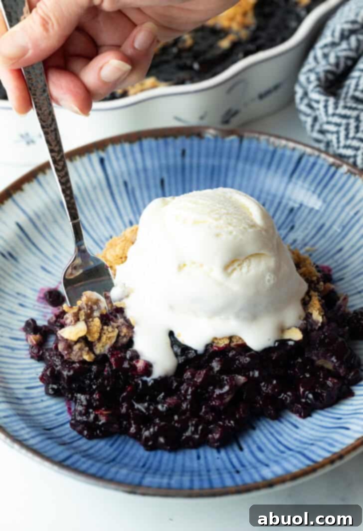 Serving of blueberry crumble on a plate, with scoop of ice cream on top and fork taking a bite.