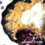 Scalloped round baking dish with blueberry crisp, topped with scoops of ice cream. A metal spoon has taken away a serving of the crumble.