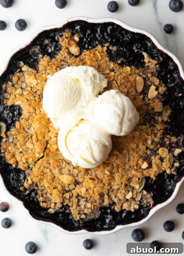Scalloped round baking dish with blueberry crisp, topped with scoops of ice cream.