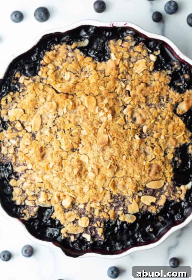 Scalloped round baking dish with blueberry crisp.