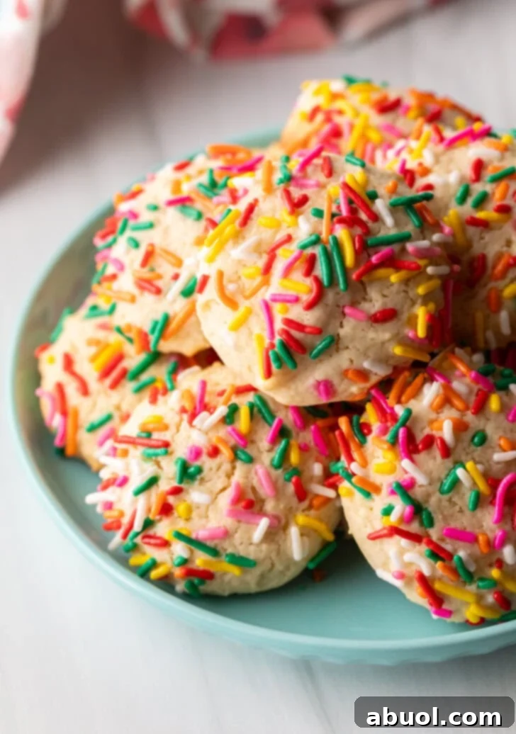Luscious Cream Cheese Delights 2 Blue plate piled with cookies covered in colorful sprinkles.