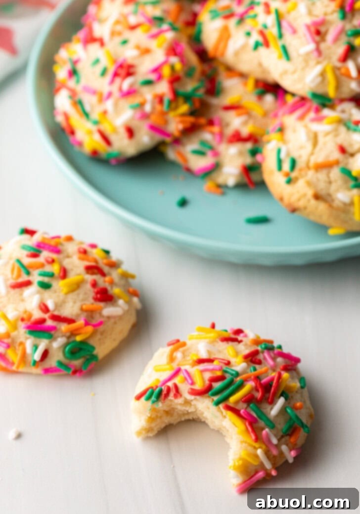 Luscious Cream Cheese Delights 9 Cookie with sprinkles and a bit taken out is close to camera. Another cookie with no bite is off to the side. In the background is a plate piled up with cream cheese cookies.