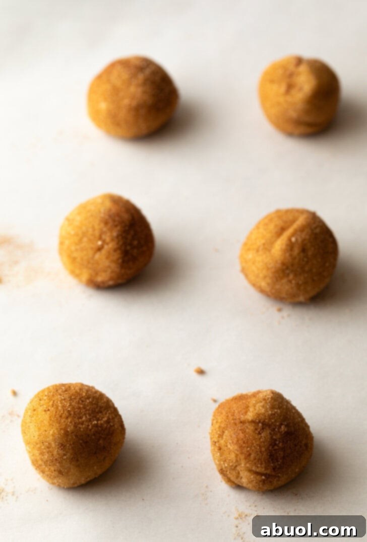 6 cookie dough balls rolled in sugar, placed on a baking sheet.