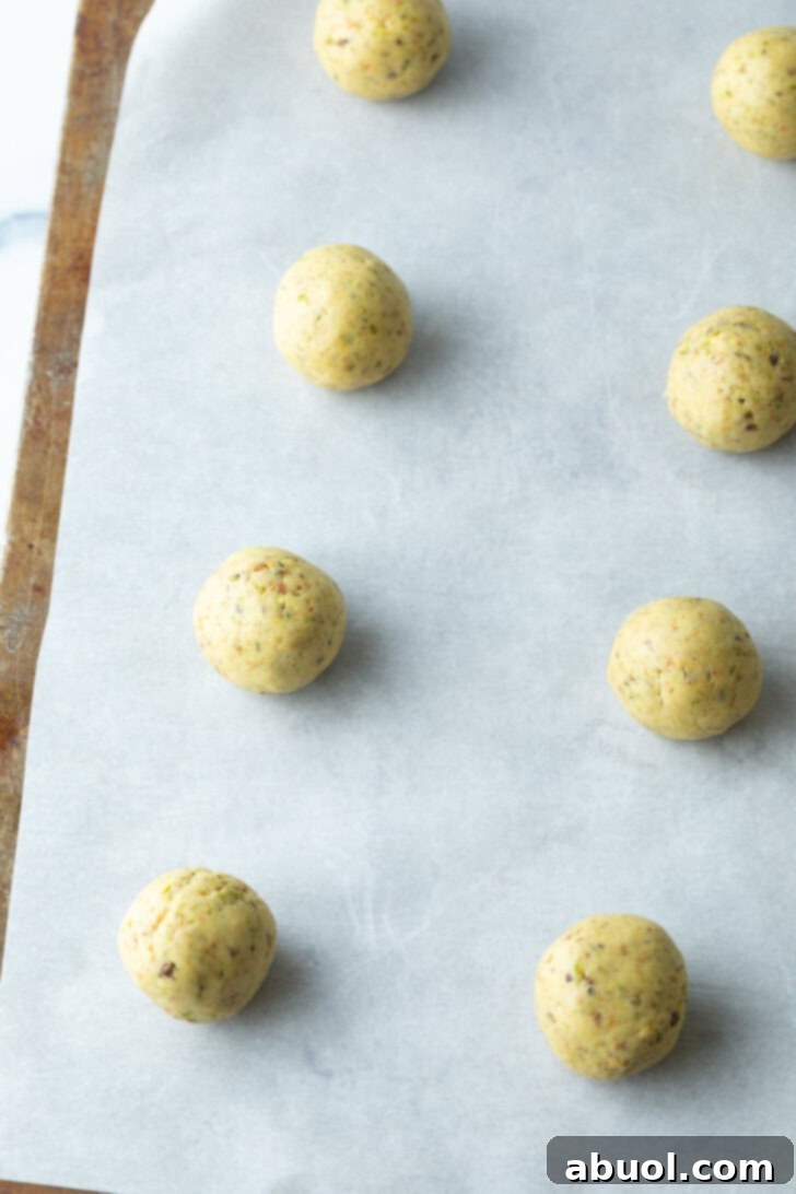 Sweet Italian Bridal Bites 7 Eight balls of cookie dough on a baking sheet, ready for baking.