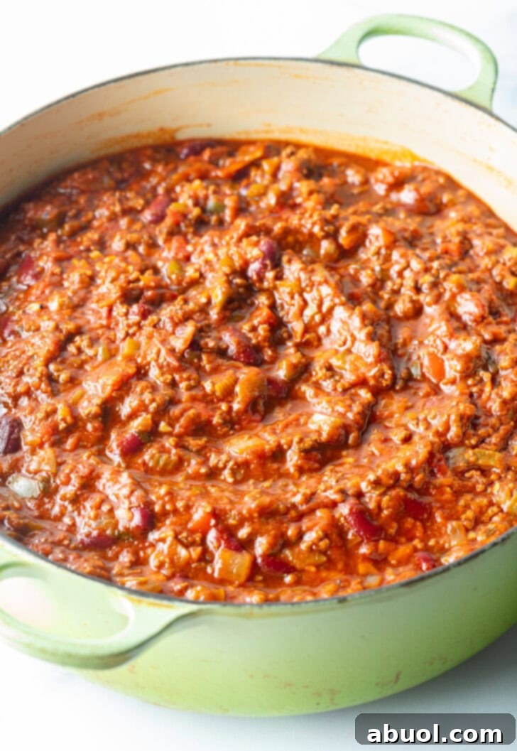 Venison chili in a large cooking pot.