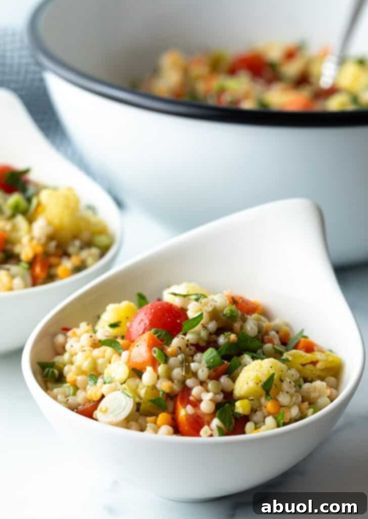 Serving of Israeli couscous salad in a white bowl, showcasing vibrant colors and textures.