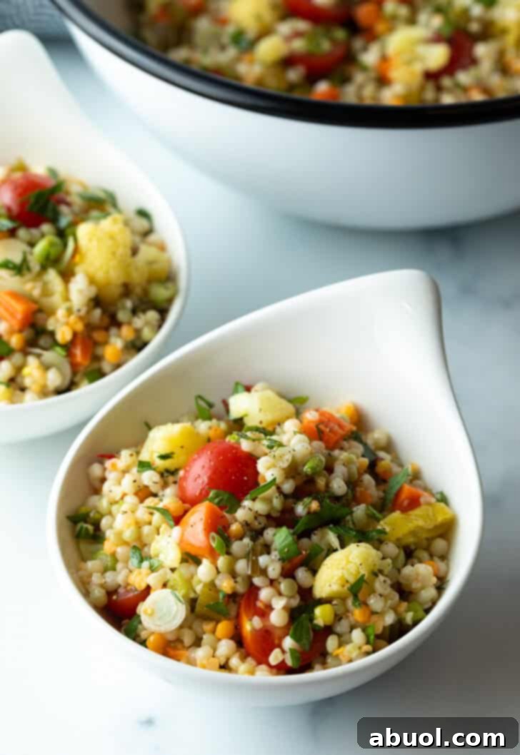 A single serving of Israeli couscous salad elegantly presented in a white bowl, ready to be savored.