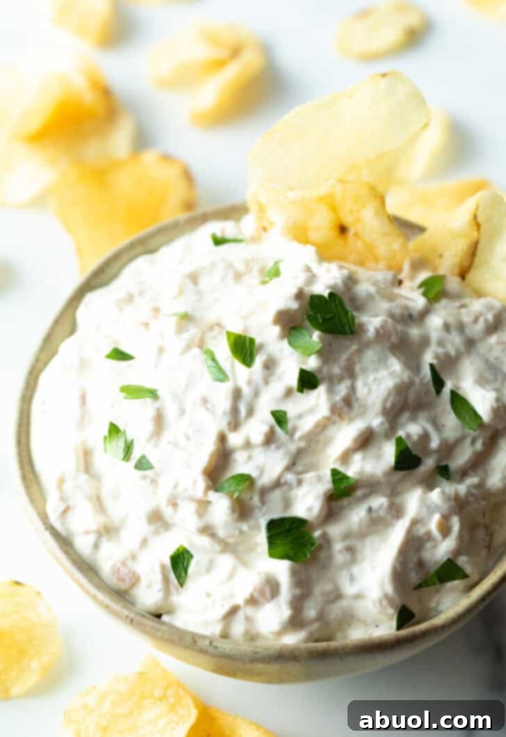 Bowl of creamy white French onion dip, topped with chopped chives and with a potato chip stuck into the dip, ready to be enjoyed.