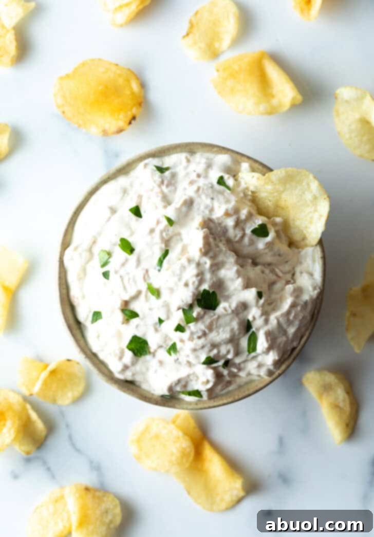 Top down view of creamy French onion dip, garnished with chopped fresh chives, and featuring a crisp potato chip nestled invitingly within the dip.