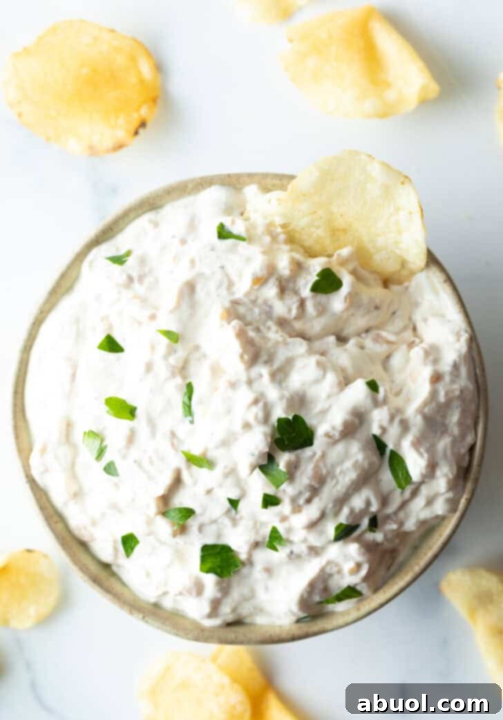 Top down view of the homemade French onion dip, garnished with finely chopped chives, and a single potato chip emerging from the creamy texture.