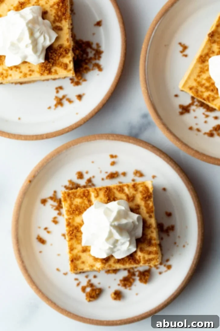 Top-down view of a single pumpkin cheesecake bar on a white plate, garnished with whipped cream and a sprinkle of cookie crumbs.