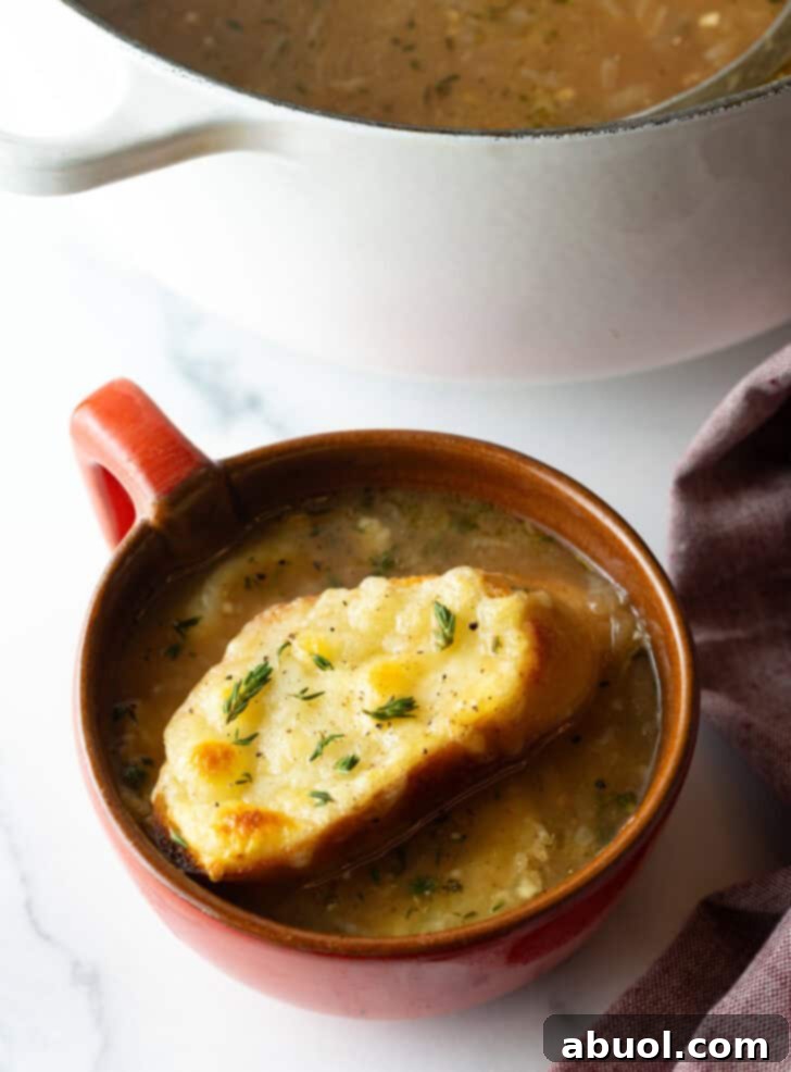 A large red mug brimming with luscious French onion soup, topped with a perfectly toasted baguette slice adorned with melted Gruyere cheese, ready to be savored.