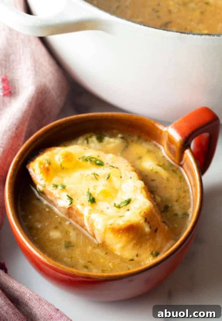 A large red mug with French onion soup, elegantly topped with a slice of baguette adorned with melted cheese, ready for a delightful meal.