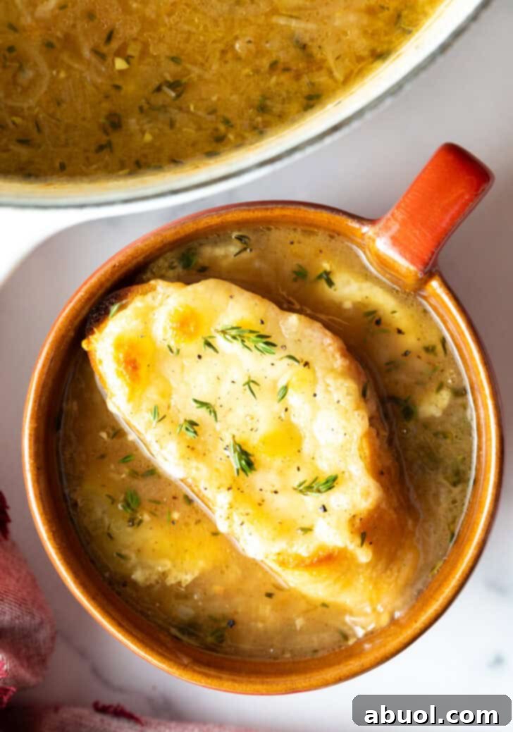 A top-down view of a classic red mug, filled with French onion soup and crowned with a toasted baguette slice generously covered in melted cheese.
