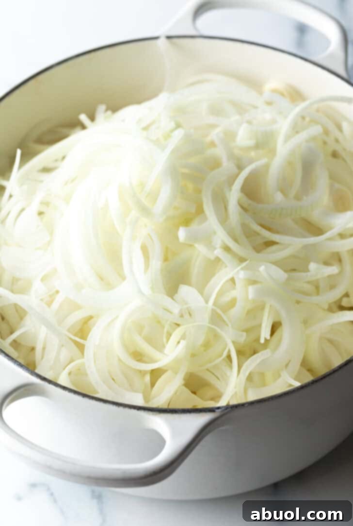 A large white cooking pot brimming with an abundance of thinly sliced white onions, ready for caramelization.