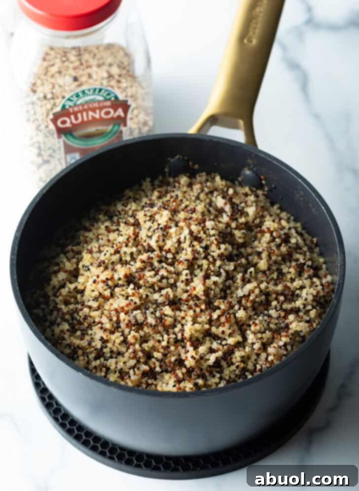 Cooked grains in a large black pot.