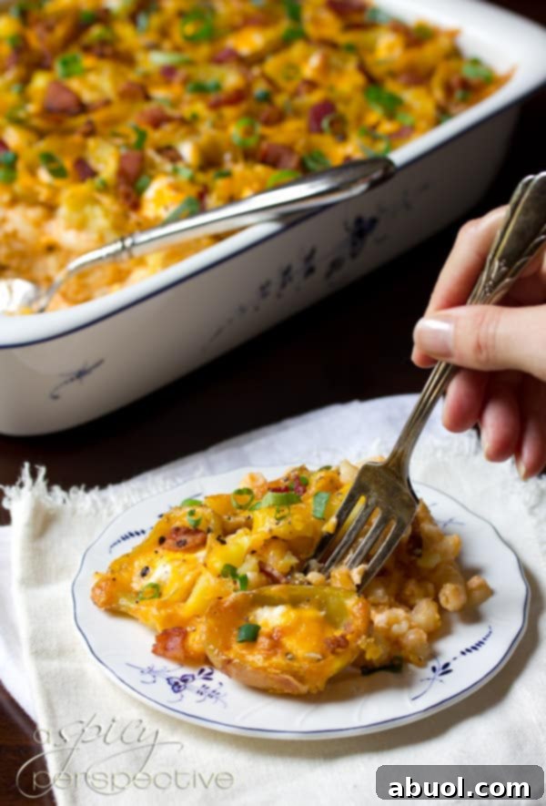 Macaroni and Cheese with Potato Skins on Top, close up