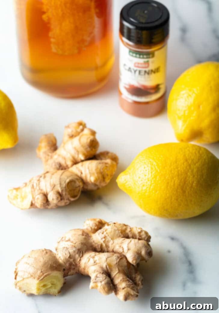Ingredients for ginger shots: Two whole yellow lemons, two ginger roots, a jar of golden honey, and a bottle of ground turmeric spice.