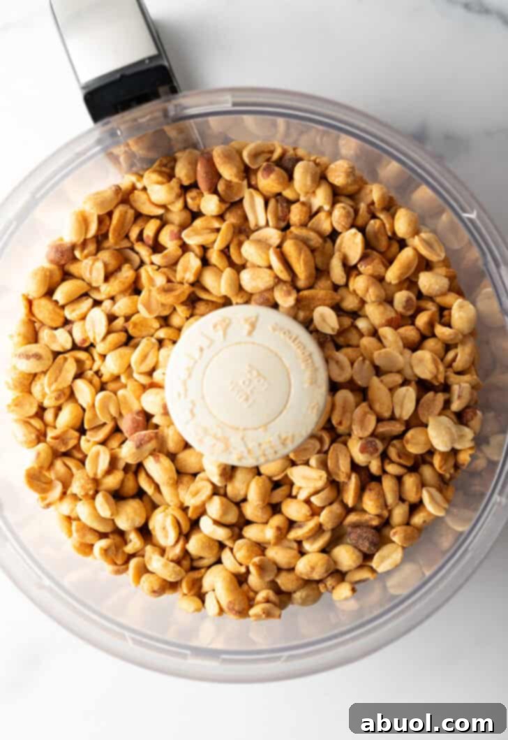 Dry roasted peanuts being poured into a food processor for homemade peanut butter.