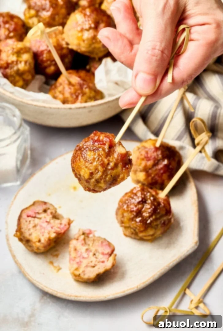 Easy Apple Butter Meatball Appetizer Apple Butter Meatballs on toothpick, ready to serve