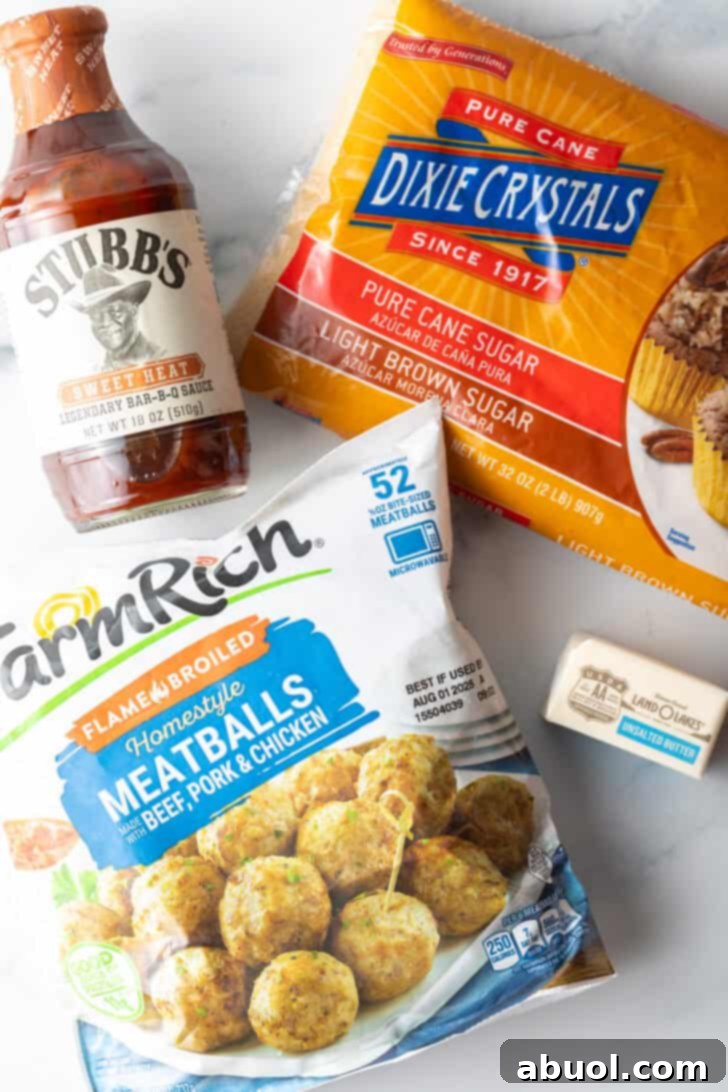 Top down ingredients you need: Bag of frozen meatballs, bottle of barbecue sauce, pack of brown sugar.