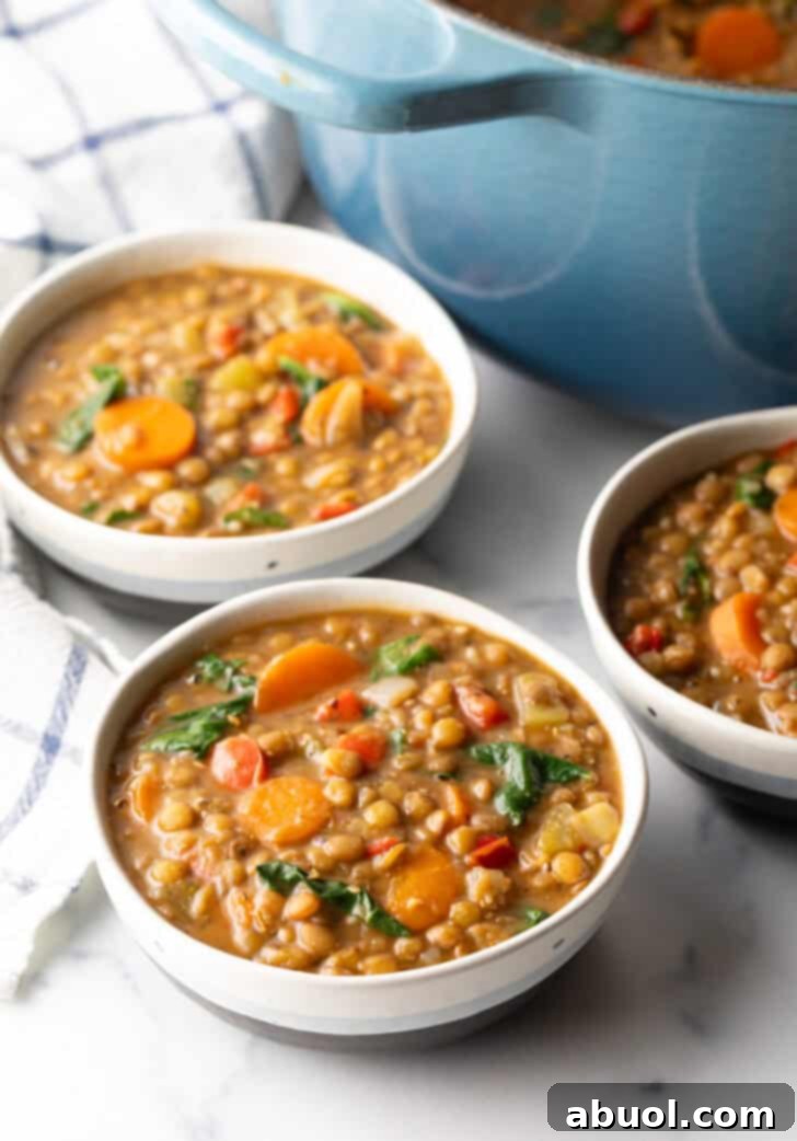 Three white bowls of delicious lentil soup garnished with carrots and kale.