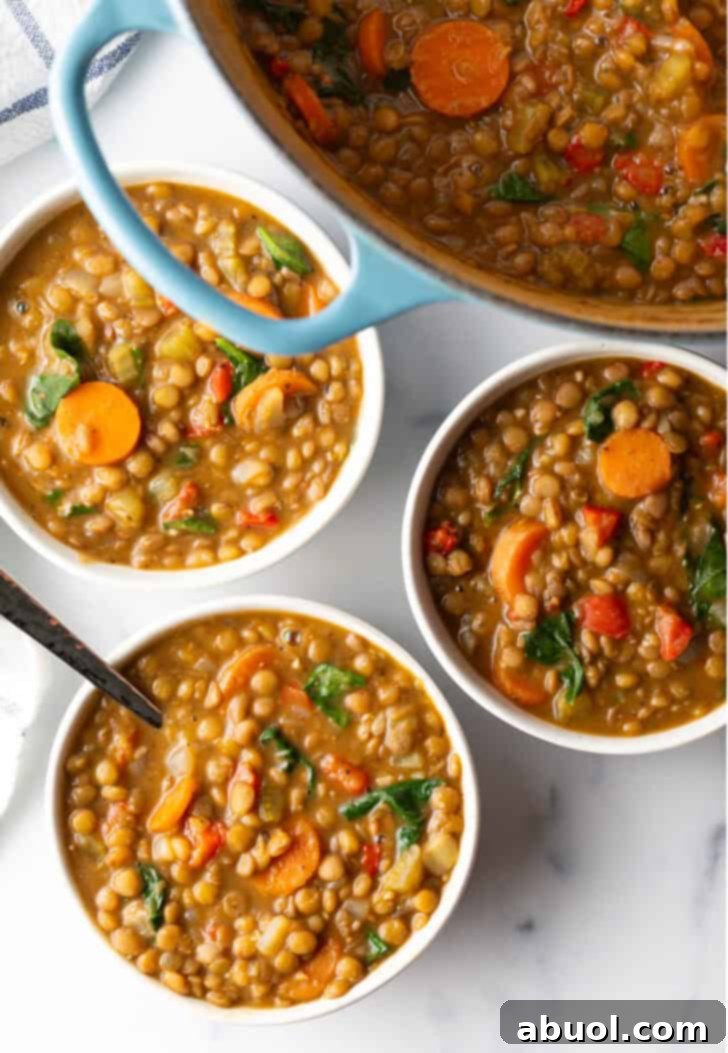 Three white bowls of lentil soup with carrots and kale, garnished and ready to be served for a family meal.