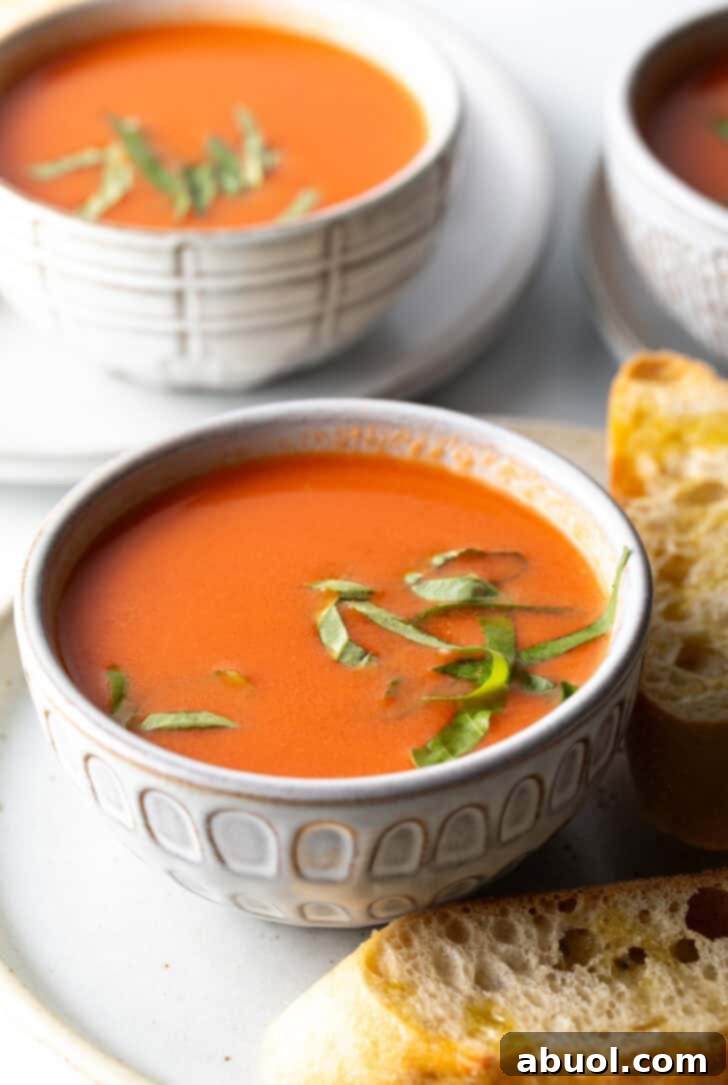 A close-up of a bowl of creamy tomato soup, garnished with vibrant green basil leaves, emphasizing its freshness and inviting appeal.