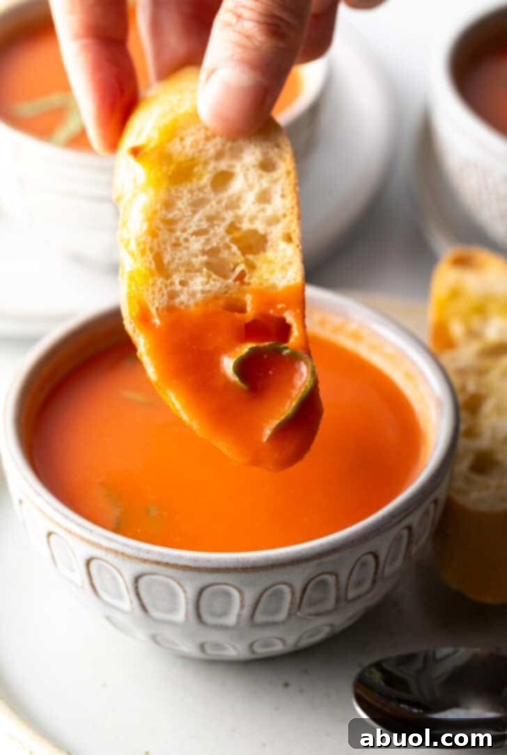 A hand gracefully dips a golden slice of baguette into a bowl of rich, velvety tomato soup, highlighting the inviting texture and depth of the dish.