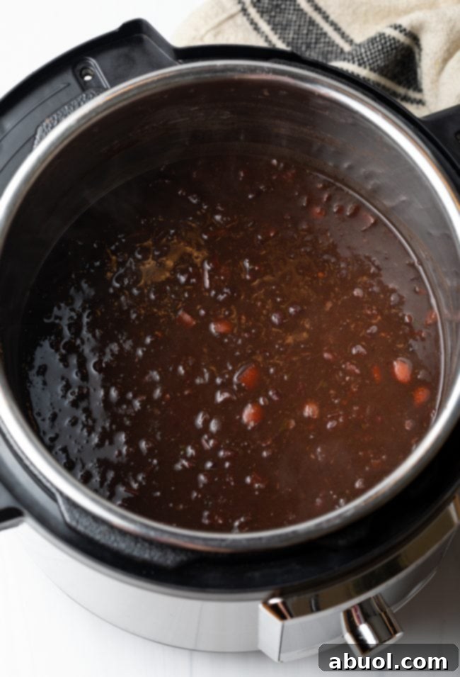 Soup cooked with black beans in an instant pot.