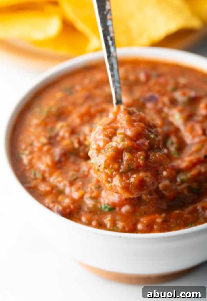 A metal spoon is showing a scoop of roasted salsa scooped from a white bowl.