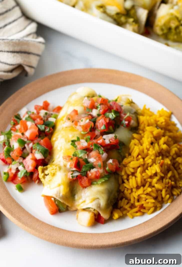 A white plate showcasing two perfectly prepared chicken enchiladas, generously coated in vibrant green sauce and garnished with fresh pico de gallo, served alongside fluffy Spanish rice.