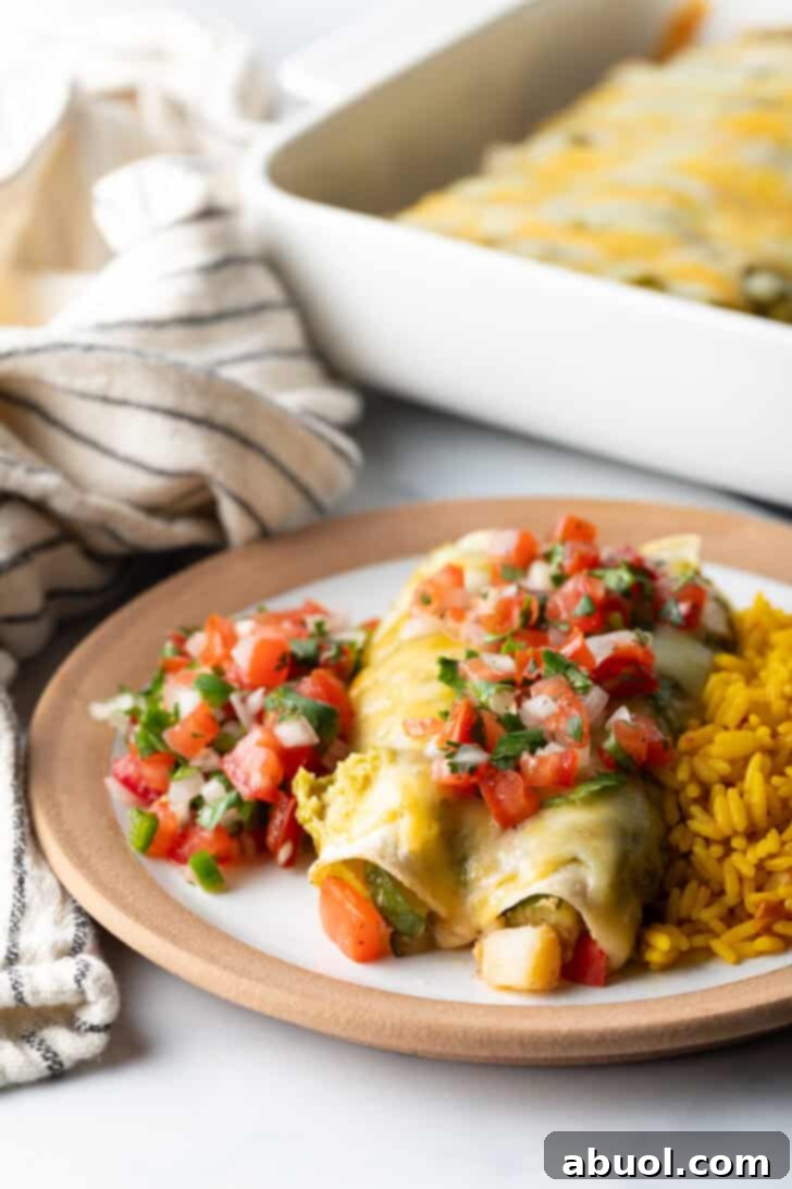 A delectable serving of two chicken enchiladas smothered in green sauce and topped with pico de gallo, alongside Spanish rice, on a white plate.