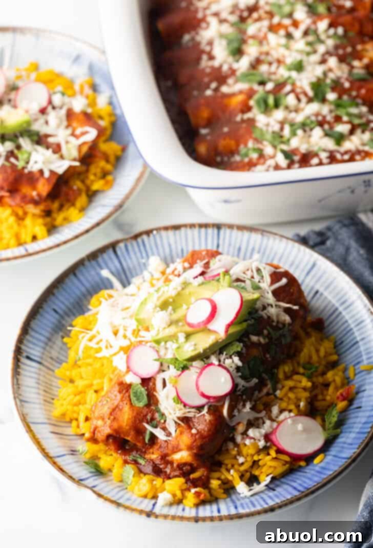 Large plateful of enchiladas with red sauce, topped with slices of radishes and fresh slaw, on a plate next to yellow rice. A large white baking dish of enchiladas is in the background.