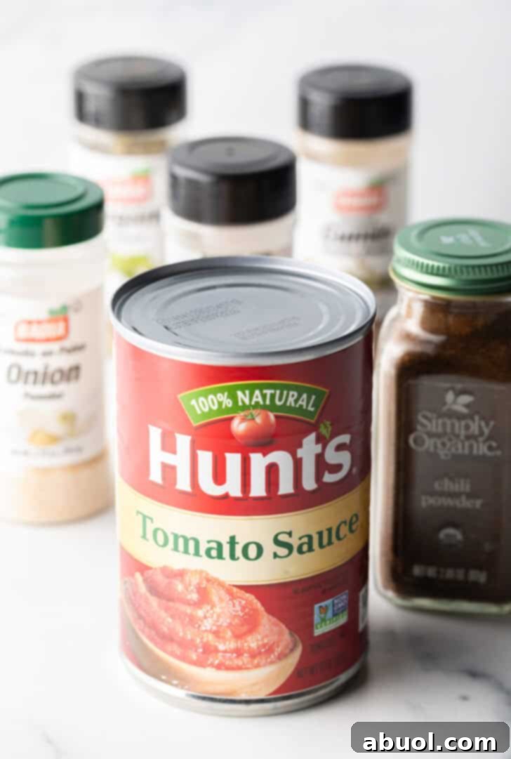 Ingredients you need: Can of tomato sauce, various spices in jars like chili powder, ground cumin, garlic powder, and onion powder.