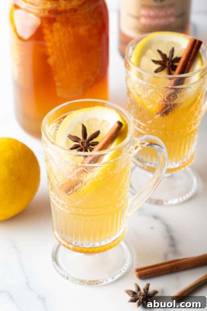 Crafting a Cozy Hot Toddy 2 Glass handled mug with hot toddy, garnished with star anise and a cinnamon stick.