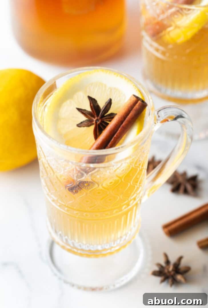 Crafting a Cozy Hot Toddy 11 Glass handled mug with hot toddy, garnished with star anise and a cinnamon stick.
