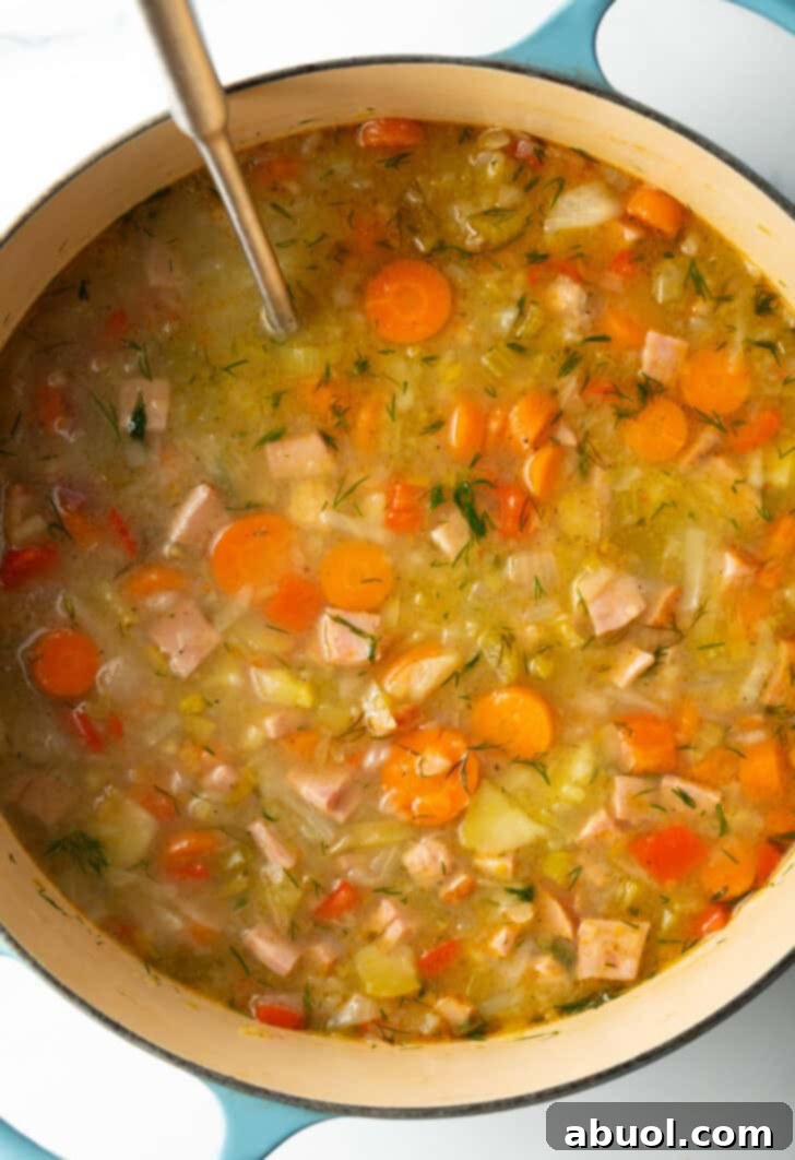 Top down view of chunky veggie cabbage and ham soup in a large blue cooking pot, highlighting its rich textures and inviting colors.