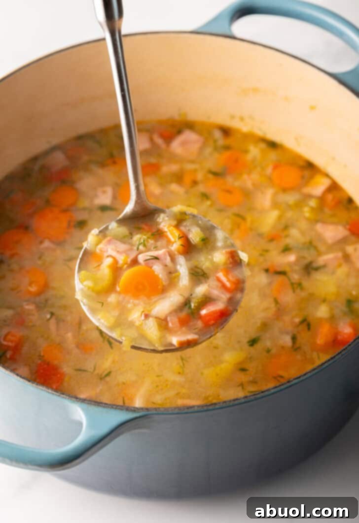 Metal ladle holding a scoopful of cabbage ham soup to camera, held over a blue cooking pot of soup, showcasing the abundance.