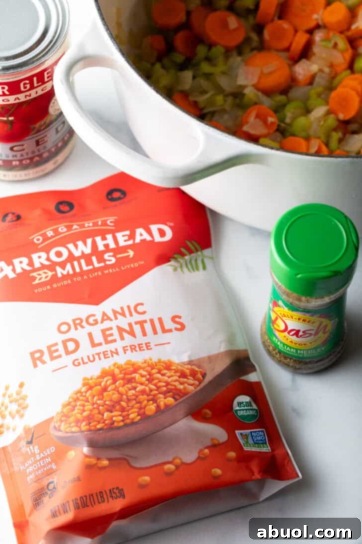 A rustic display of raw ingredients for red lentil soup. A bag of vibrant red lentils sits beside a jar of assorted seasonings and a cooking pot already filled with bright orange sliced carrots, ready for preparation.