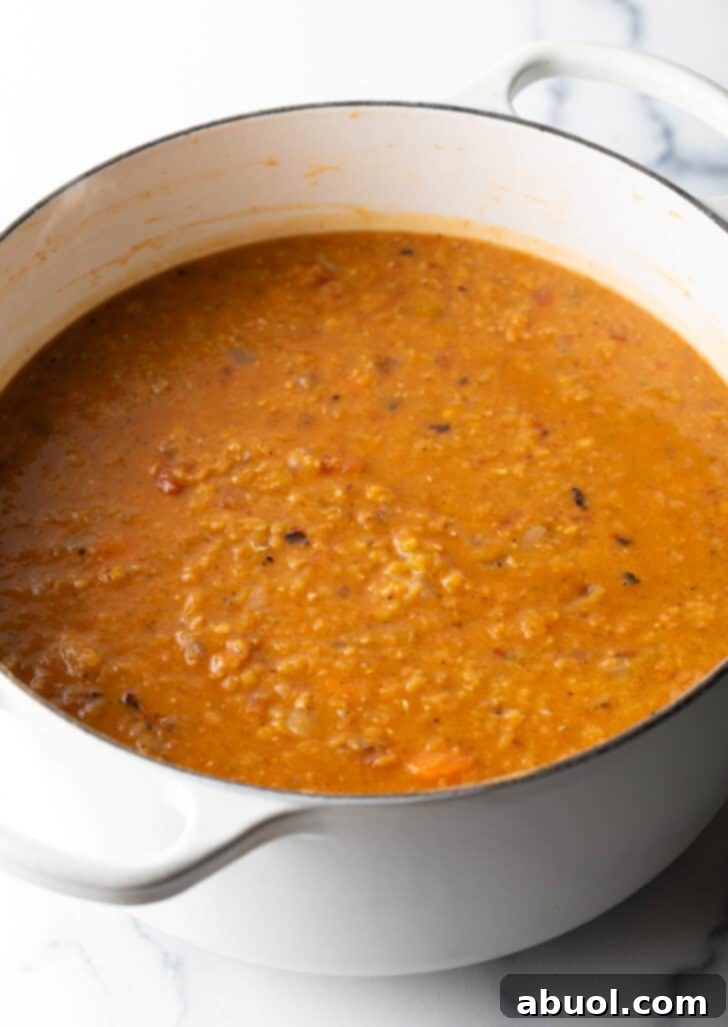 A large cooking pot brimming with hearty lentil and carrot soup, steaming gently on the stovetop. The rich, orange-red broth is visible, dotted with tender vegetables and lentils, promising a comforting meal.