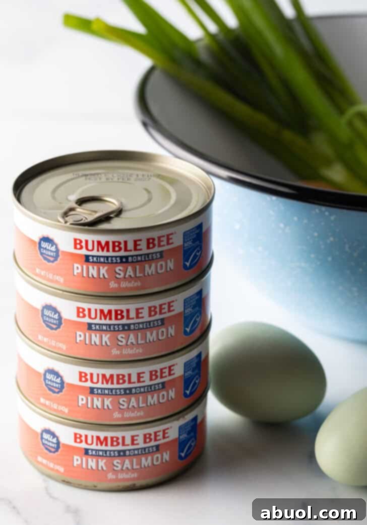 Four cans of premium canned salmon are neatly stacked, with a single white egg placed beside them, highlighting the primary ingredients for the recipe.