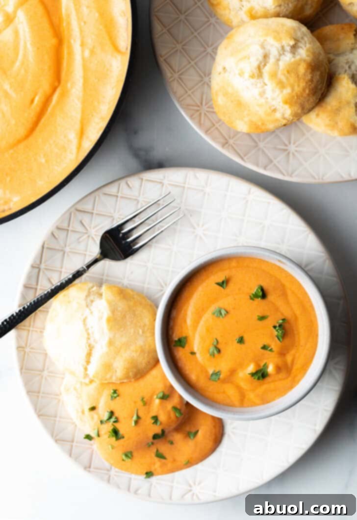 White plate with white bowl of red tomato gravy, next to a split open biscuit that's coated with the gravy and fresh chopped parsley.