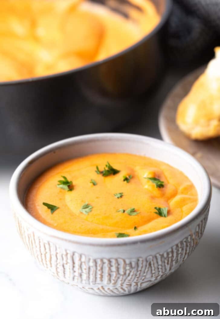 White bowl with creamy red tomato gravy topped with fresh chopped parsley.