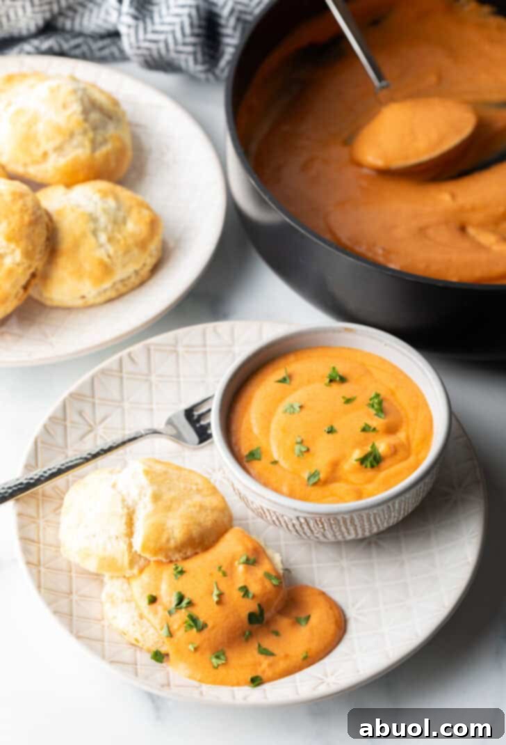 White plate with white bowl of red tomato gravy, next to a split open biscuit that's coated with the gravy and fresh chopped parsley.