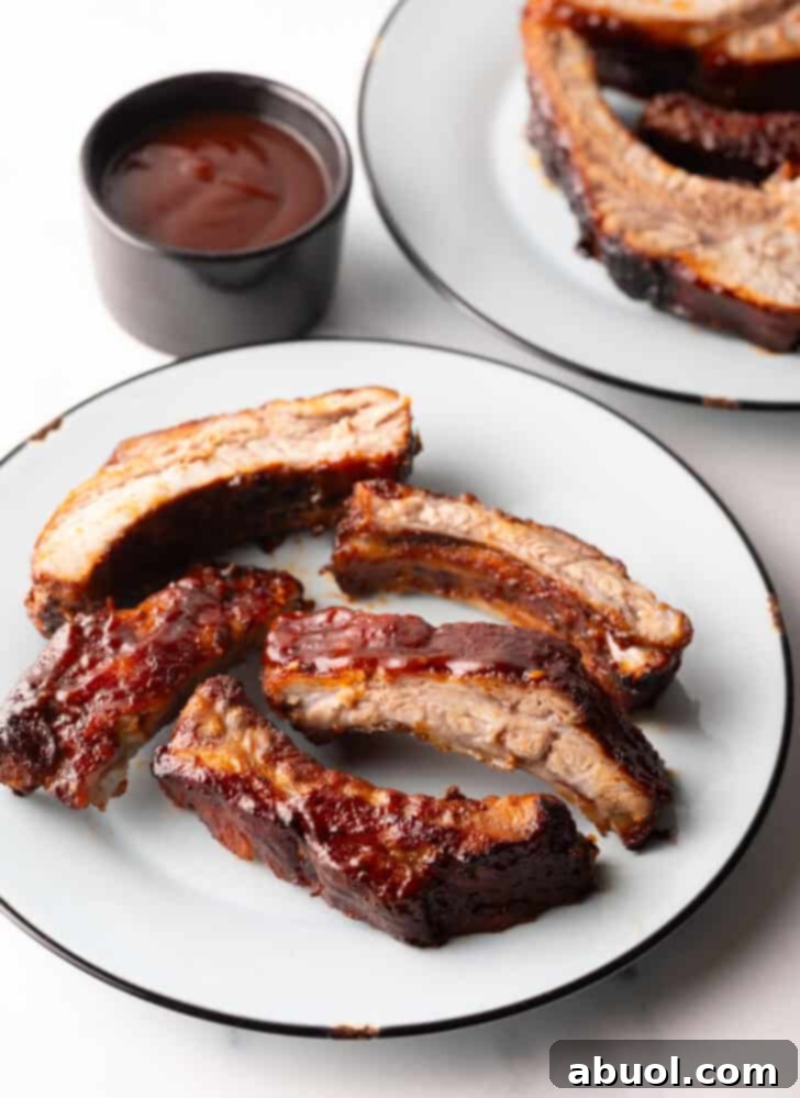 A close-up shot of five air fried baby back ribs, artfully arranged on a pristine white plate, showcasing their rich, glazed surface.