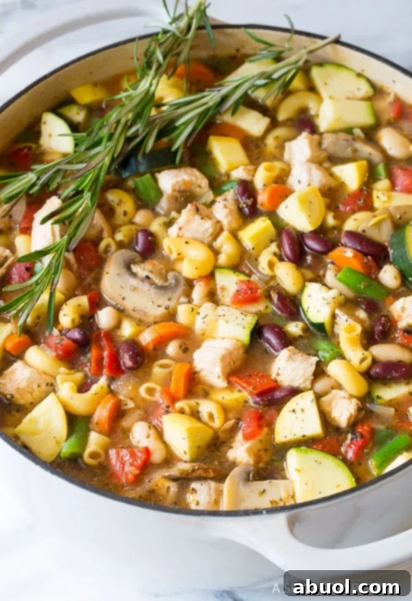 A perfectly cooked bowl of healthy chicken minestrone soup, showcasing the ideal balance of ingredients.